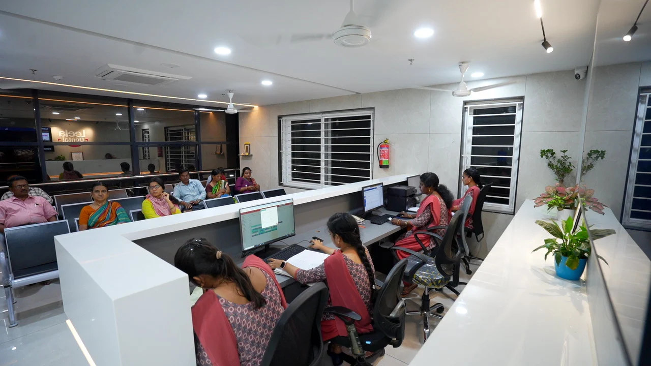 Reception at Leela Super Speciality Dental Hospital in Kakinada.