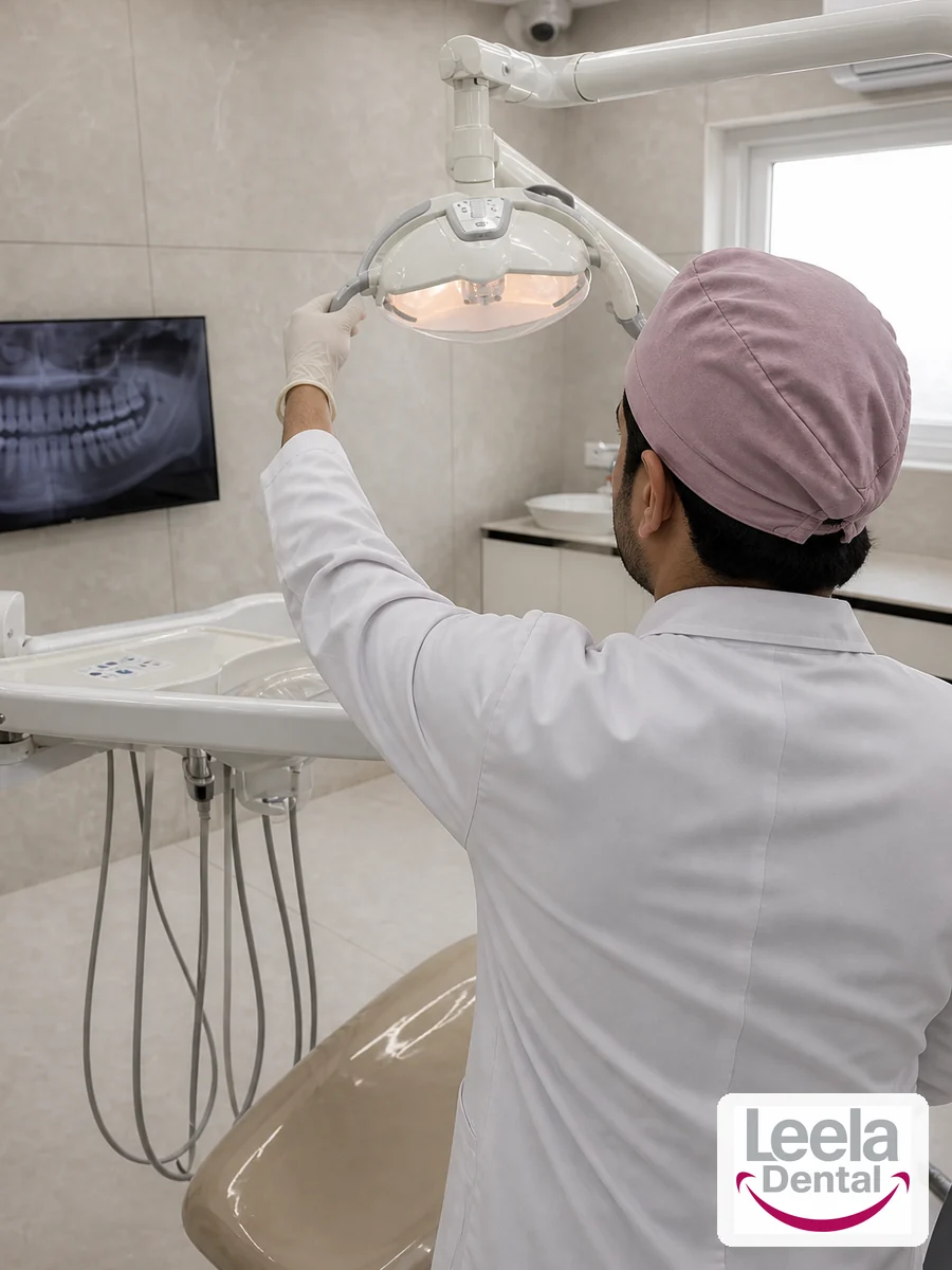 A clinician at work in a treatment room at Leela Super Speciality Dental Hospital, Kakinada.