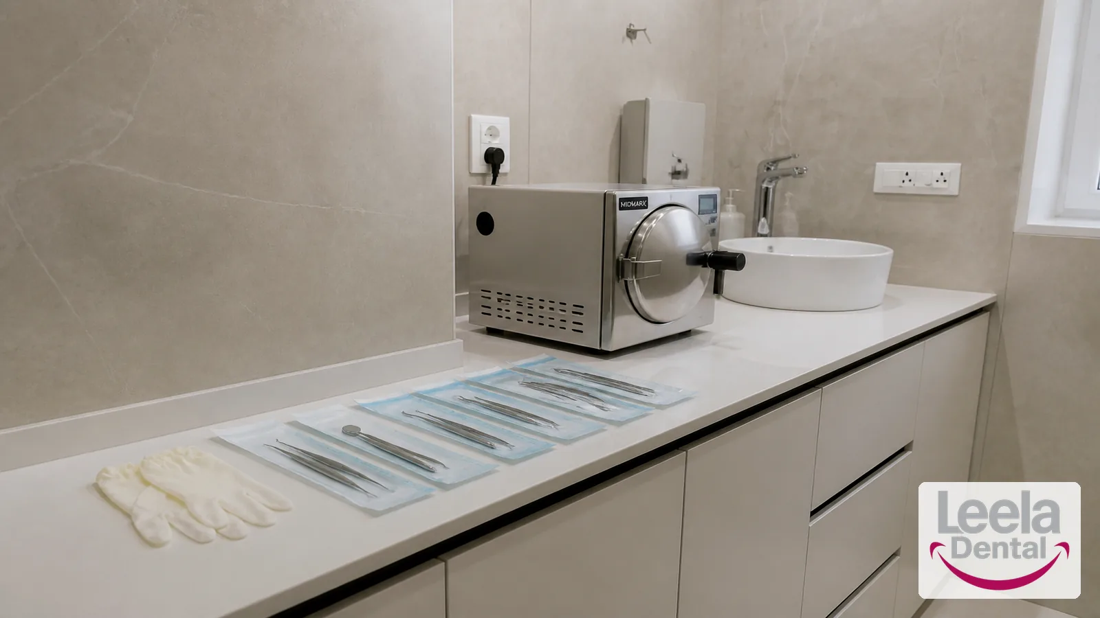 Instrument sterilisation bench at a dental clinic, autoclave and sealed pouches.