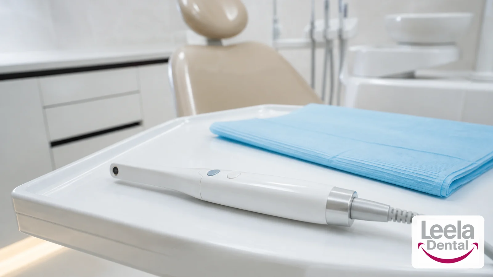 An intraoral camera on a treatment tray at Leela Super Speciality Dental Hospital.