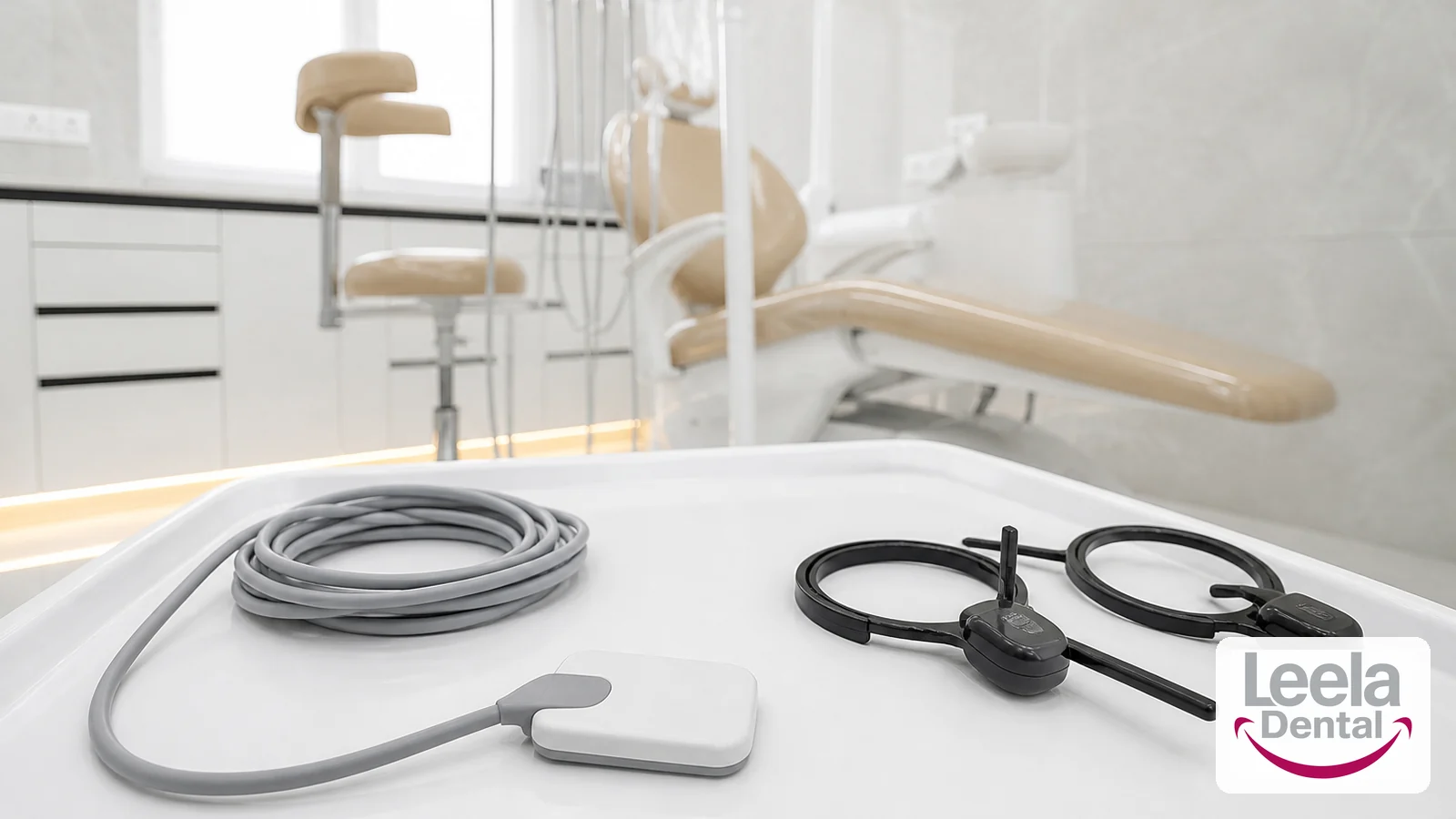 A digital intraoral X-ray sensor on a tray at Leela Super Speciality Dental Hospital.